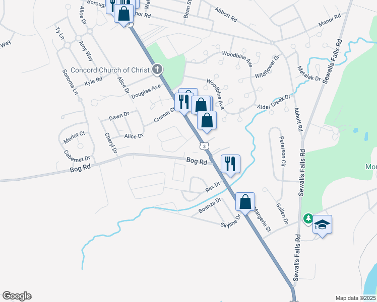 map of restaurants, bars, coffee shops, grocery stores, and more near 20 Bog Road in Concord