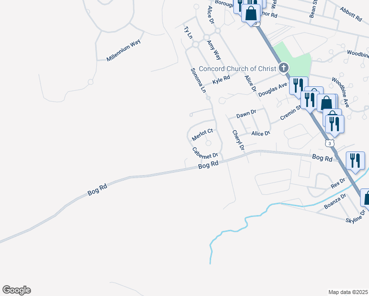 map of restaurants, bars, coffee shops, grocery stores, and more near 92 Bog Road in Concord