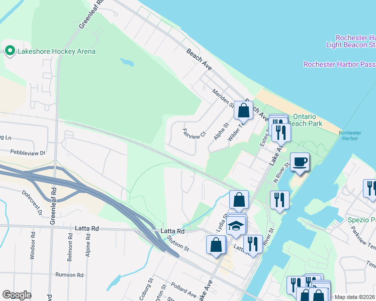 map of restaurants, bars, coffee shops, grocery stores, and more near 362 Shore Acres Drive in Rochester
