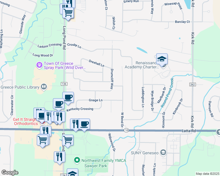 map of restaurants, bars, coffee shops, grocery stores, and more near 327 Drumcliff Way in Rochester