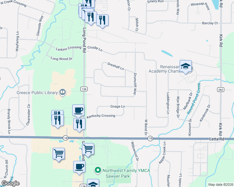 map of restaurants, bars, coffee shops, grocery stores, and more near 175 Drumcliff Way in Rochester