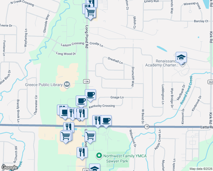 map of restaurants, bars, coffee shops, grocery stores, and more near 99 Drumcliff Way in Rochester