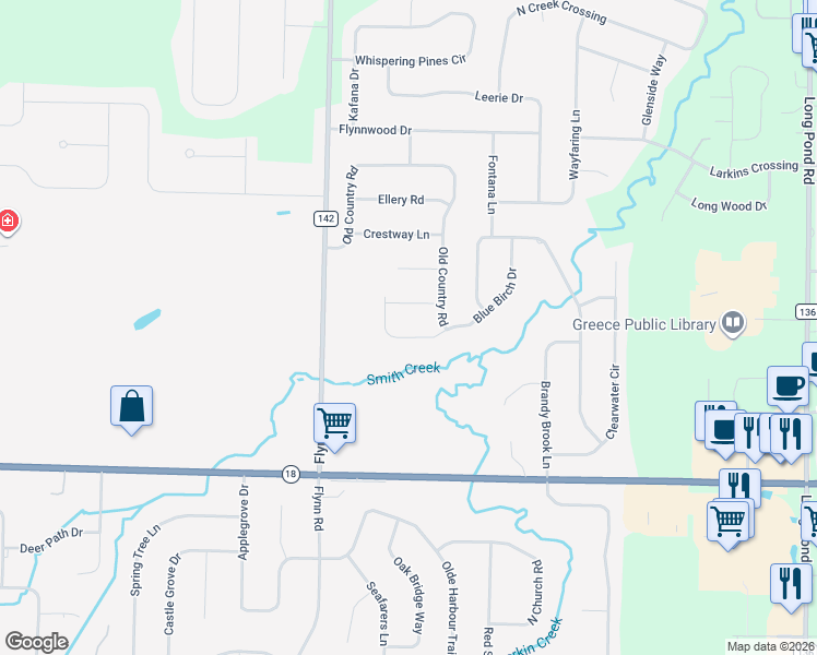 map of restaurants, bars, coffee shops, grocery stores, and more near 760 Old Country Road in Rochester