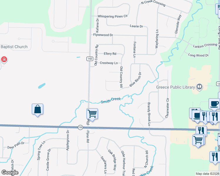 map of restaurants, bars, coffee shops, grocery stores, and more near 760 Old Country Road in Rochester