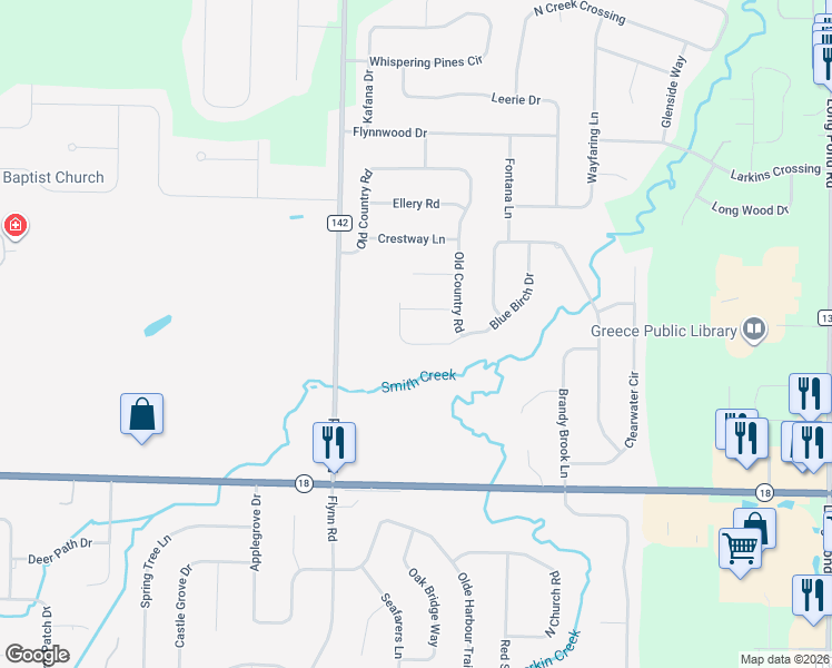 map of restaurants, bars, coffee shops, grocery stores, and more near 760 Old Country Road in Rochester