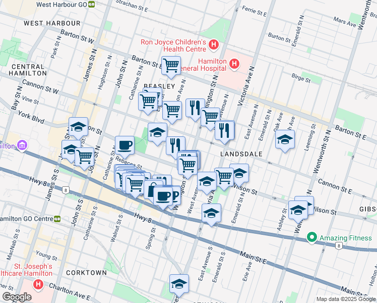 map of restaurants, bars, coffee shops, grocery stores, and more near in Hamilton