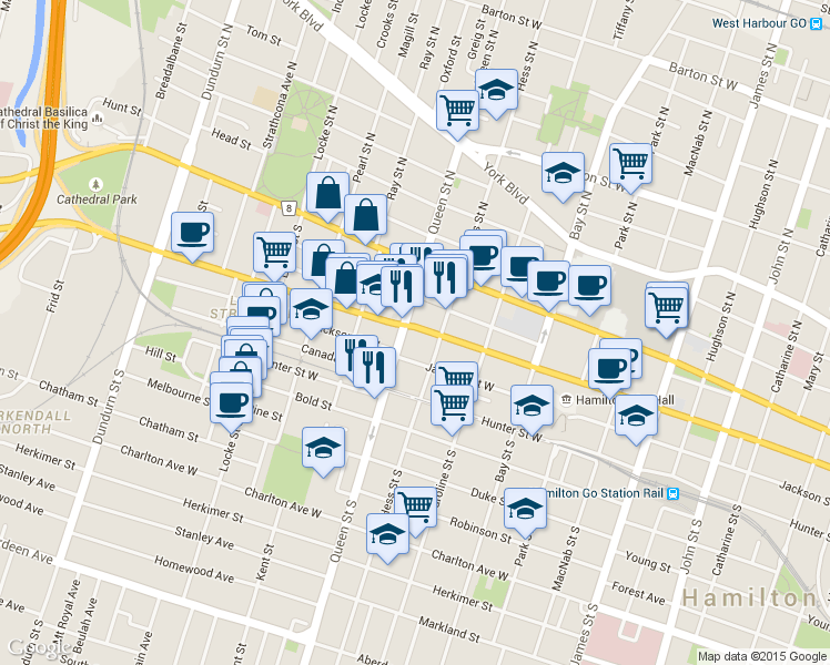 map of restaurants, bars, coffee shops, grocery stores, and more near in Hamilton
