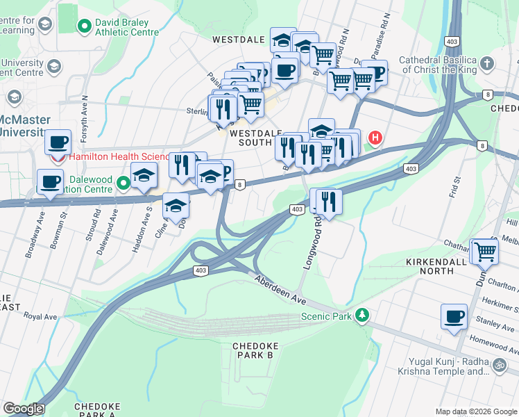 map of restaurants, bars, coffee shops, grocery stores, and more near 981 Main Street West in Hamilton