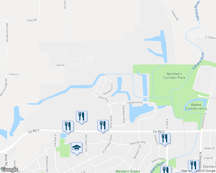 map of restaurants, bars, coffee shops, grocery stores, and more near 603 Springbrook Circle in DeForest