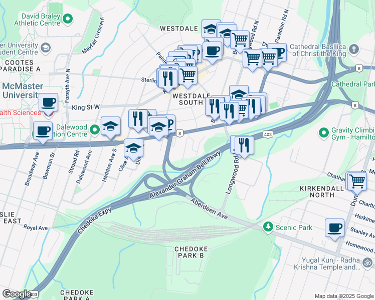 map of restaurants, bars, coffee shops, grocery stores, and more near 1001 Main Street West in Hamilton