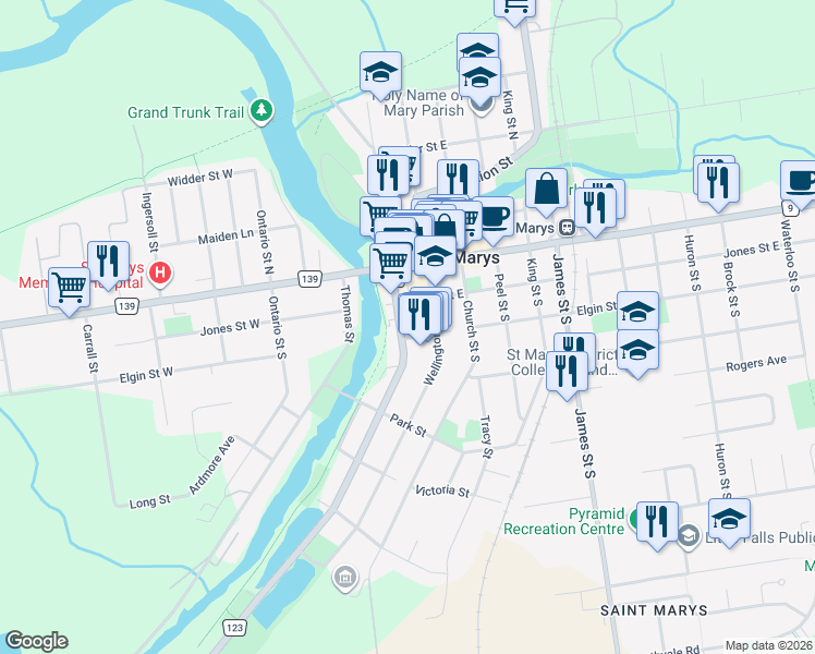 map of restaurants, bars, coffee shops, grocery stores, and more near 69 Water Street South in Saint Marys