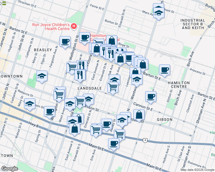 map of restaurants, bars, coffee shops, grocery stores, and more near 28 Oak Avenue in Hamilton