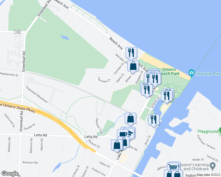 map of restaurants, bars, coffee shops, grocery stores, and more near 145 Alpha Street in Rochester