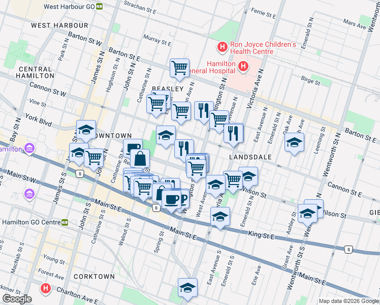 map of restaurants, bars, coffee shops, grocery stores, and more near 52 Cathcart Street in Hamilton