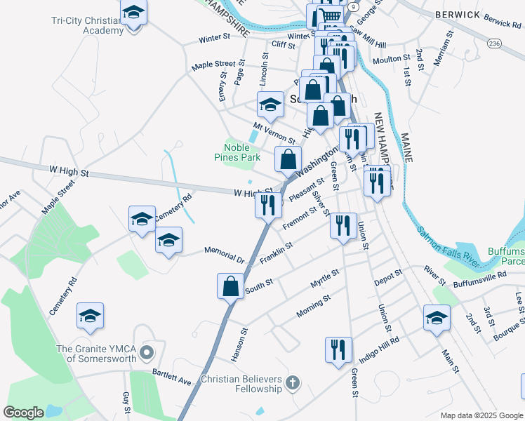 map of restaurants, bars, coffee shops, grocery stores, and more near 203 High Street in Somersworth