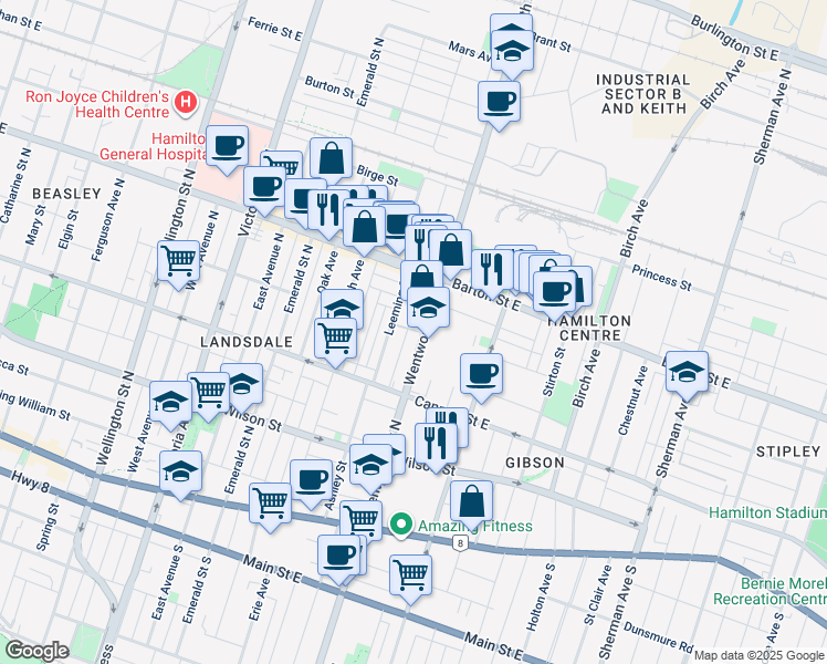 map of restaurants, bars, coffee shops, grocery stores, and more near 160 Wentworth Street North in Hamilton