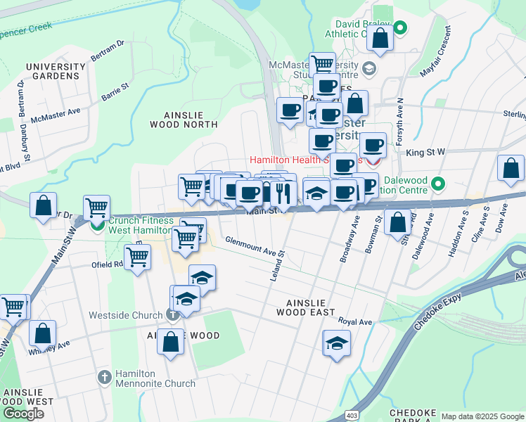 map of restaurants, bars, coffee shops, grocery stores, and more near in Hamilton