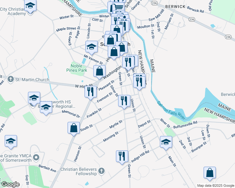 map of restaurants, bars, coffee shops, grocery stores, and more near 18 Silver Street in Somersworth