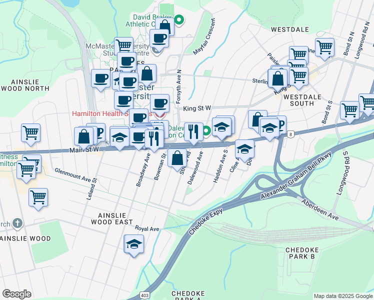 map of restaurants, bars, coffee shops, grocery stores, and more near 2 Stroud Road in Hamilton