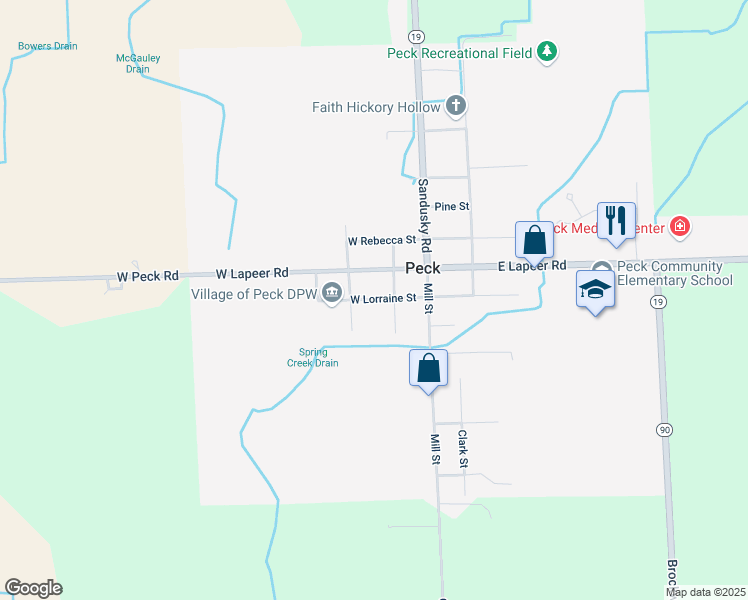 map of restaurants, bars, coffee shops, grocery stores, and more near 75 West Lorraine Street in Peck