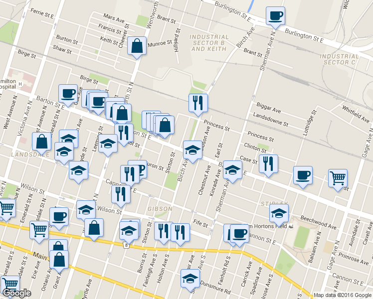 map of restaurants, bars, coffee shops, grocery stores, and more near 597 Barton Street East in Hamilton