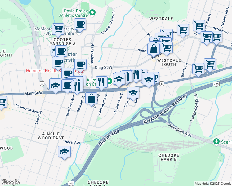map of restaurants, bars, coffee shops, grocery stores, and more near 3 Gary Avenue in Hamilton