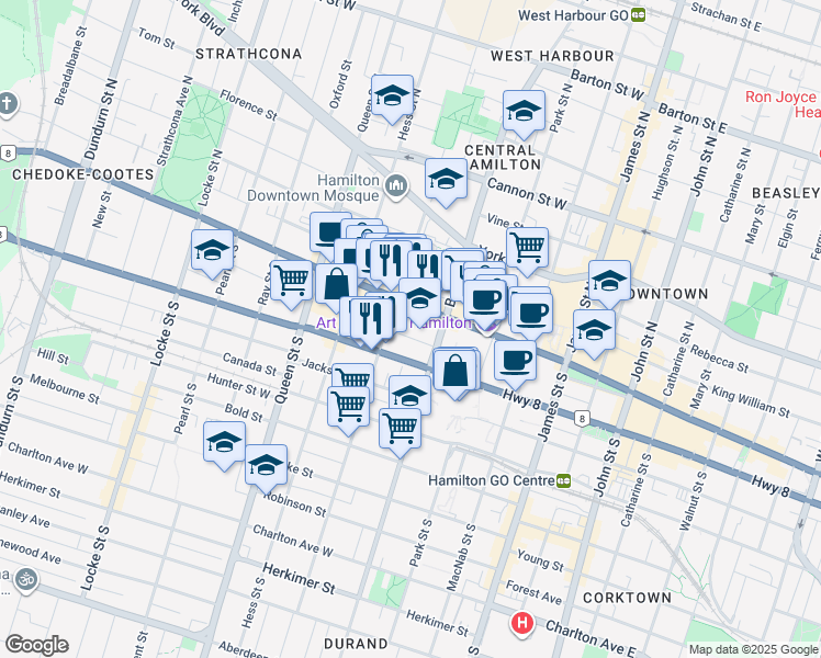 map of restaurants, bars, coffee shops, grocery stores, and more near in Hamilton