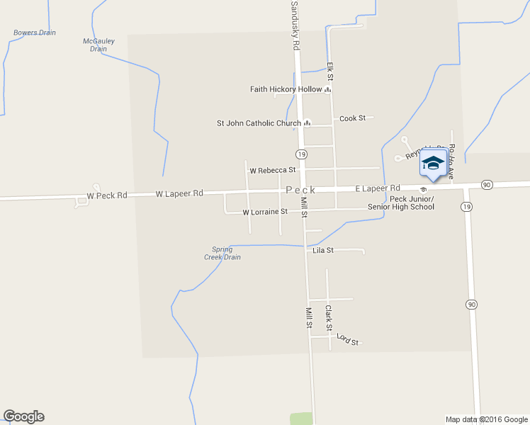 map of restaurants, bars, coffee shops, grocery stores, and more near 75 West Lorraine Street in Peck