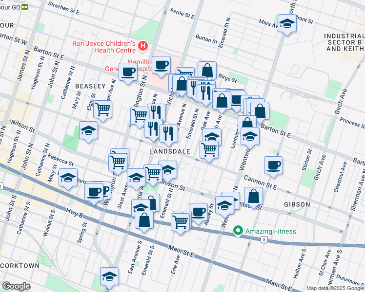 map of restaurants, bars, coffee shops, grocery stores, and more near 165 Emerald Street North in Hamilton