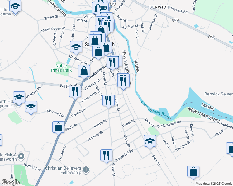 map of restaurants, bars, coffee shops, grocery stores, and more near 3 Union Street in Somersworth