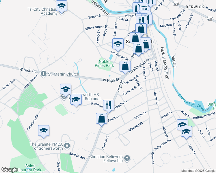 map of restaurants, bars, coffee shops, grocery stores, and more near 203 High Street in Somersworth