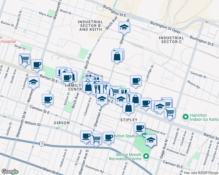 map of restaurants, bars, coffee shops, grocery stores, and more near 663 Barton Street East in Hamilton