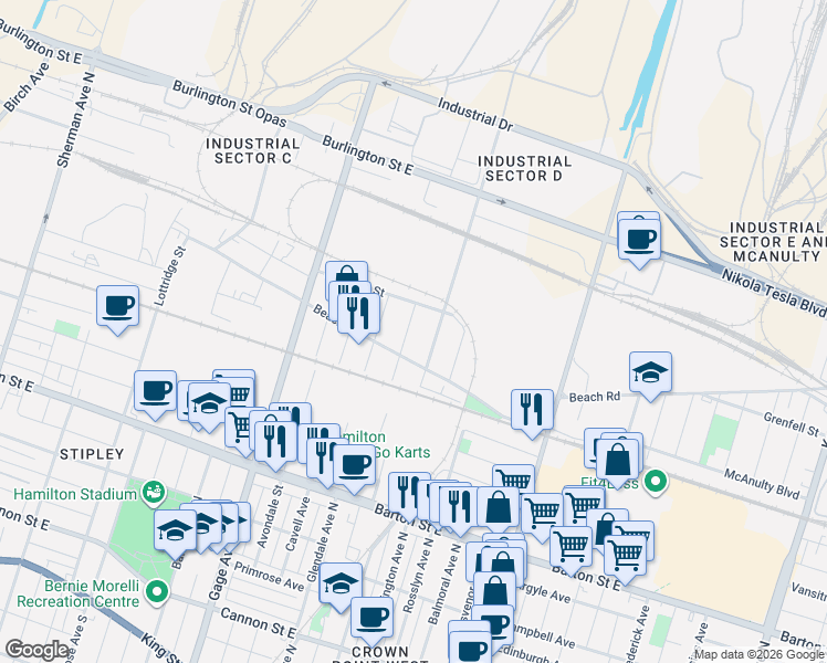 map of restaurants, bars, coffee shops, grocery stores, and more near 24 Rowanwood Street in Hamilton
