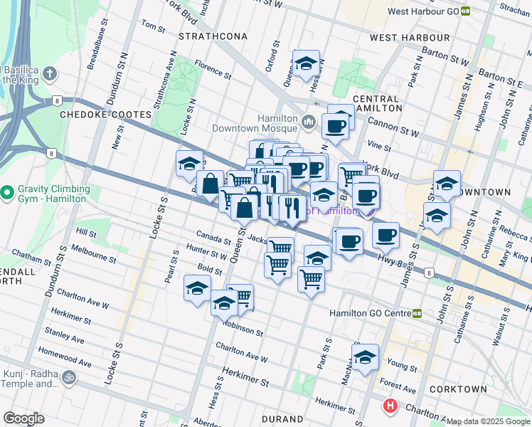 map of restaurants, bars, coffee shops, grocery stores, and more near 206 Main Street West in Hamilton