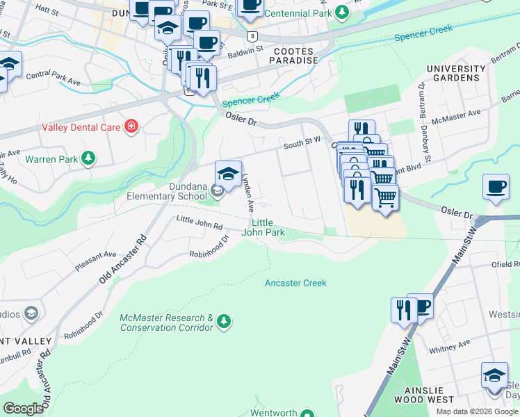map of restaurants, bars, coffee shops, grocery stores, and more near 25 Lynden Avenue in Hamilton