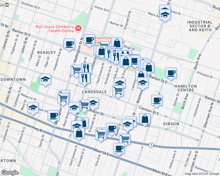 map of restaurants, bars, coffee shops, grocery stores, and more near 27 Oak Avenue in Hamilton