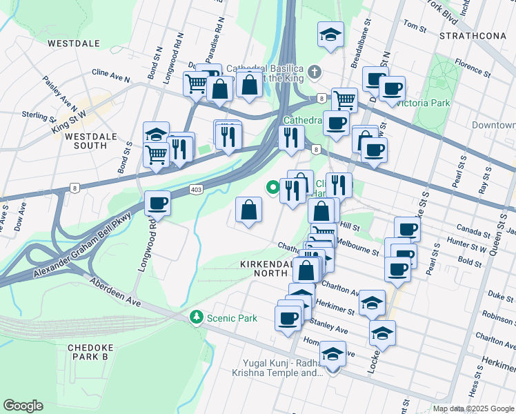 map of restaurants, bars, coffee shops, grocery stores, and more near 166 Chatham Street in Hamilton