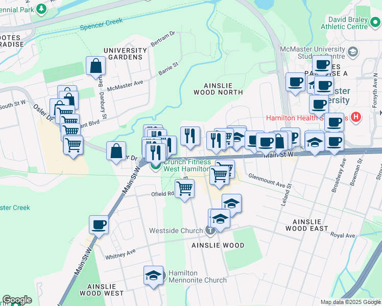 map of restaurants, bars, coffee shops, grocery stores, and more near 1630 Main Street West in Hamilton