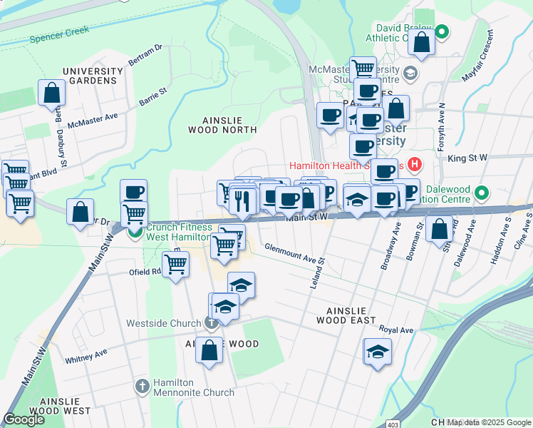 map of restaurants, bars, coffee shops, grocery stores, and more near in Hamilton