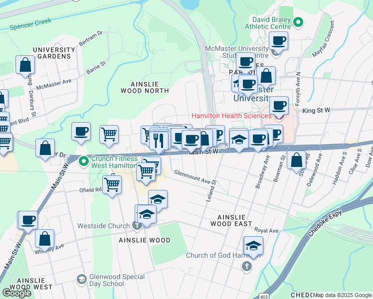 map of restaurants, bars, coffee shops, grocery stores, and more near 1550 Main Street West in Hamilton