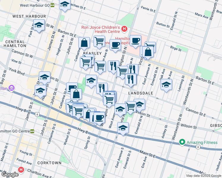 map of restaurants, bars, coffee shops, grocery stores, and more near in Hamilton