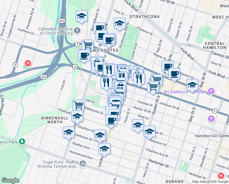 map of restaurants, bars, coffee shops, grocery stores, and more near 140 Canada Street in Hamilton