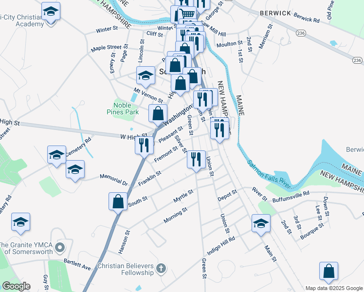 map of restaurants, bars, coffee shops, grocery stores, and more near 27 Green Street in Somersworth