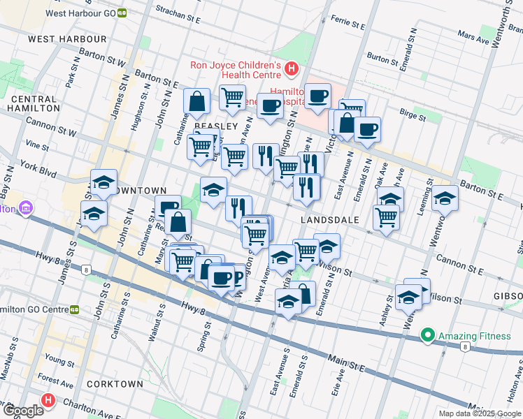 map of restaurants, bars, coffee shops, grocery stores, and more near in Hamilton
