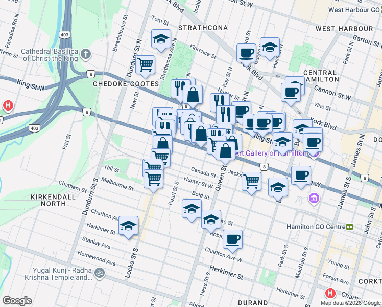 map of restaurants, bars, coffee shops, grocery stores, and more near 310 Main Street West in Hamilton