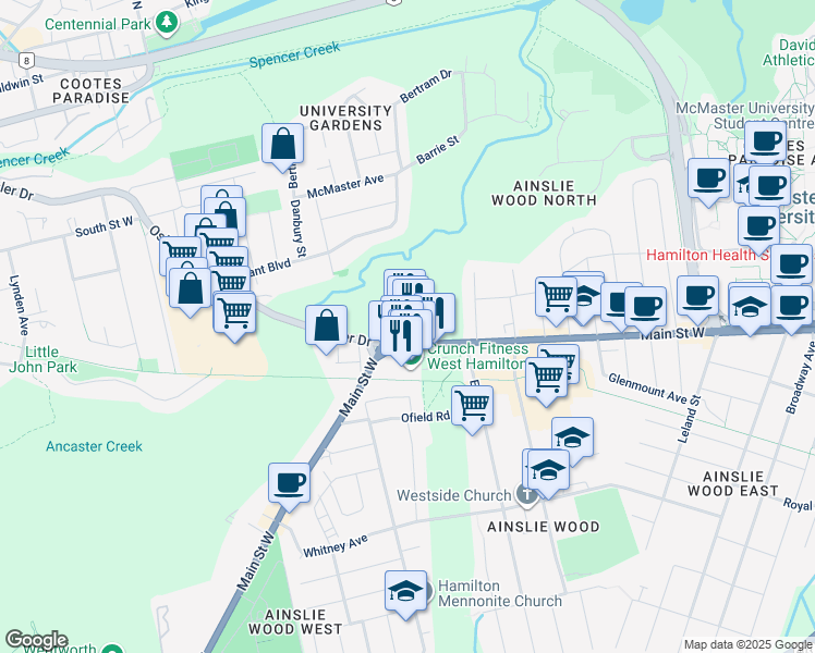 map of restaurants, bars, coffee shops, grocery stores, and more near 1686 Main Street West in Hamilton