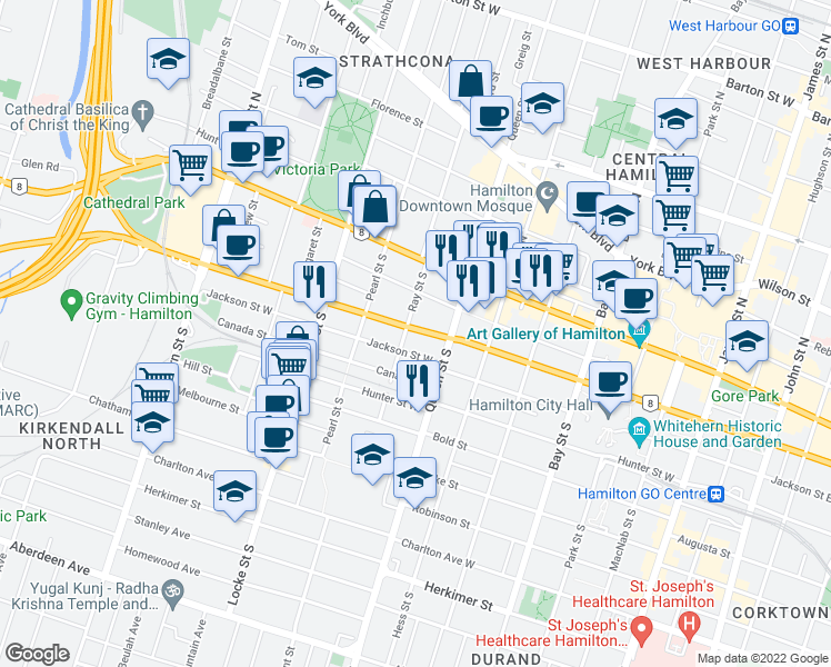map of restaurants, bars, coffee shops, grocery stores, and more near 267 Main Street West in Hamilton