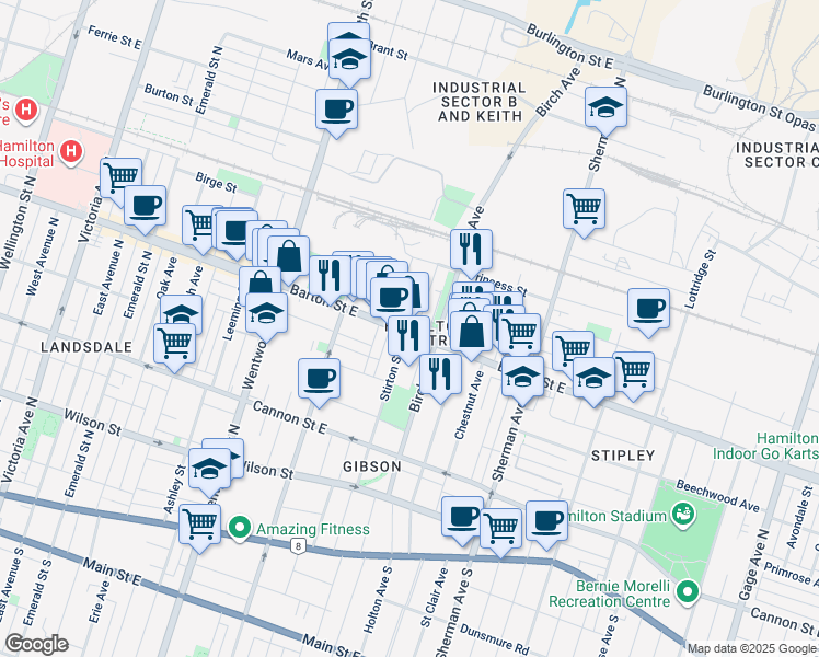 map of restaurants, bars, coffee shops, grocery stores, and more near 581 Barton Street East in Hamilton