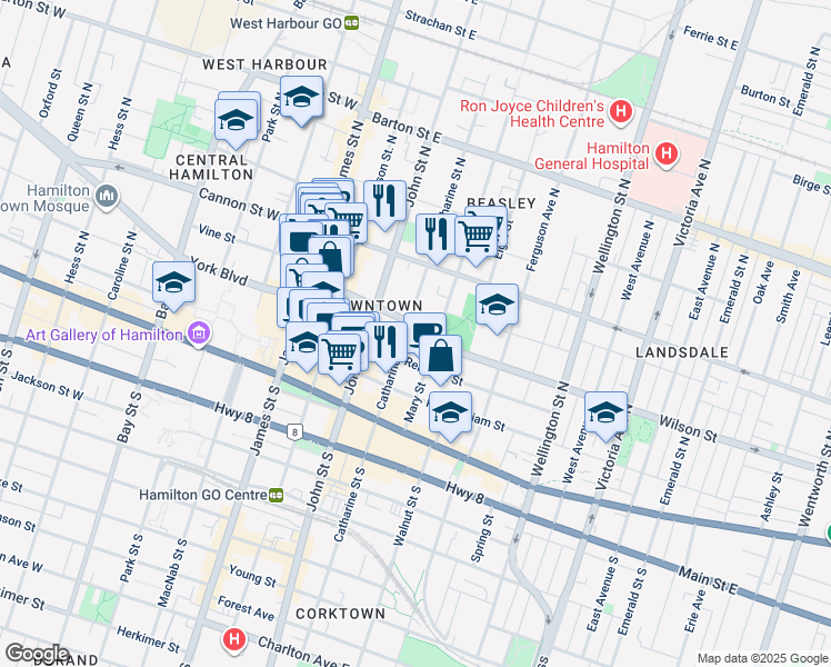 map of restaurants, bars, coffee shops, grocery stores, and more near 81 Wilson Street in Hamilton
