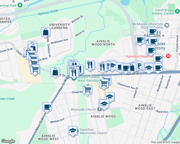map of restaurants, bars, coffee shops, grocery stores, and more near 10 West Park Avenue in Hamilton